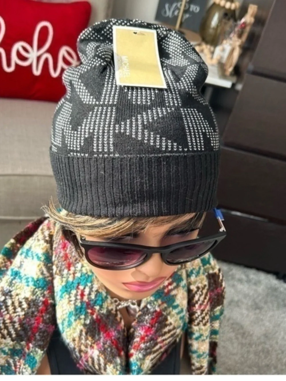 🌸NEW MK Michael Kors Black & White Logo Knit Beanie